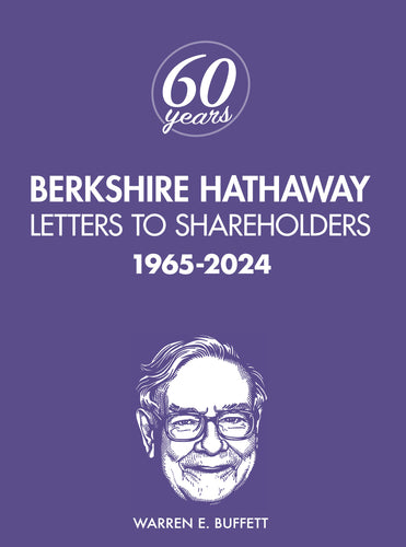 Berkshire Hathaway book cover with a purple background and a portrait of Warren E. Buffett.