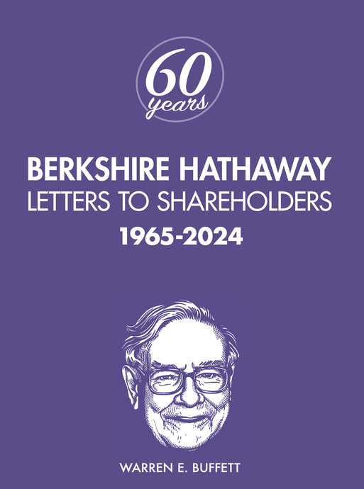 Berkshire Hathaway book cover with a purple background and a portrait of Warren E. Buffett.