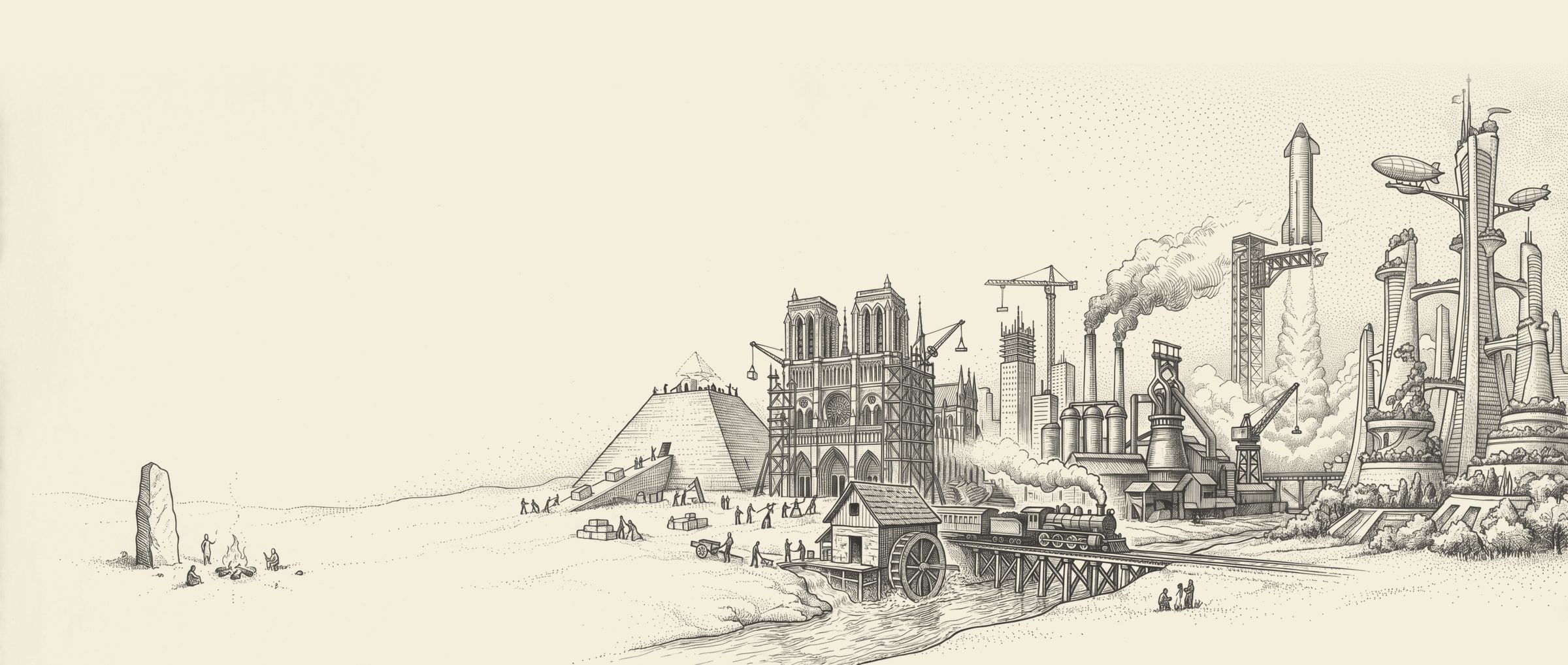 The history of building as one landscape, from a standing stone and a campfire through a pyramid, a cathedral, a watermill, a steam train and a steel mill, to Starship lifting off beside a garden city