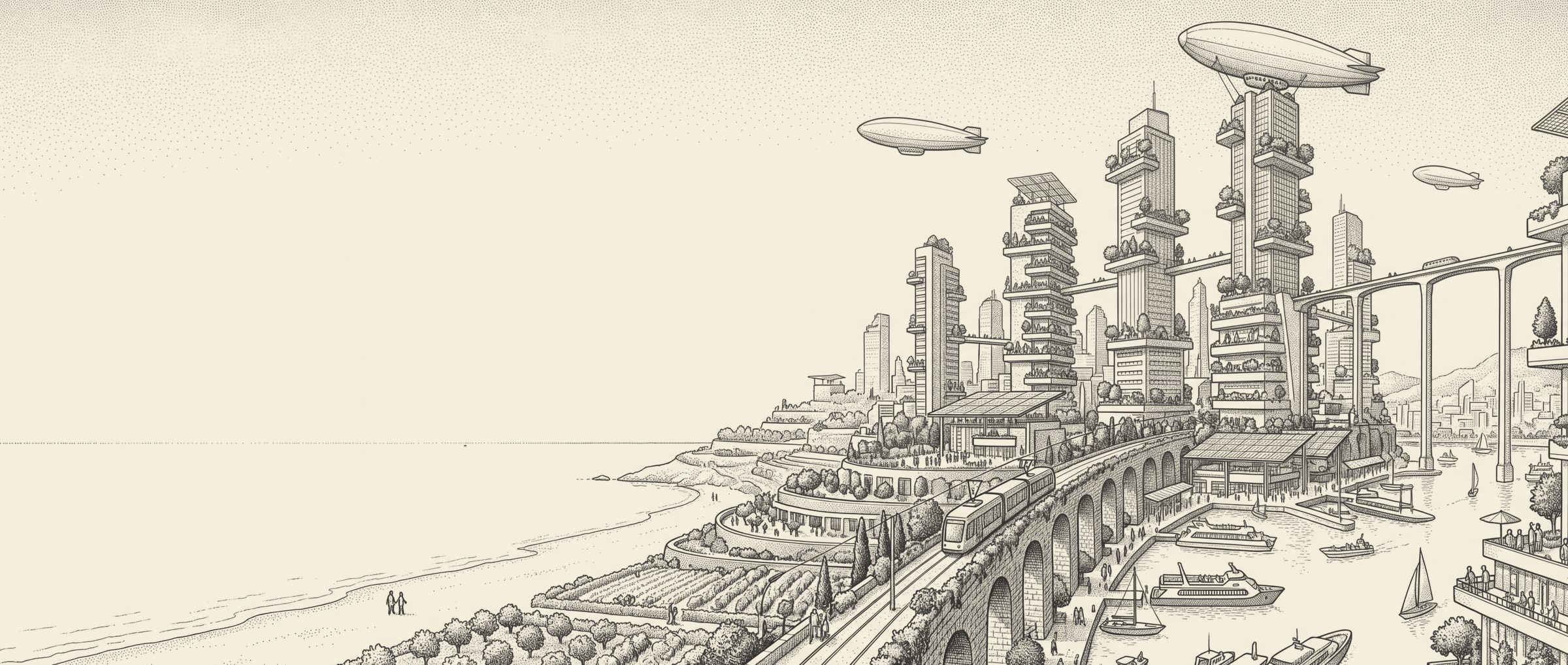 A future city on a coast: towers planted with gardens, a tram on a viaduct, terraced orchards, a harbour, and airships in the sky