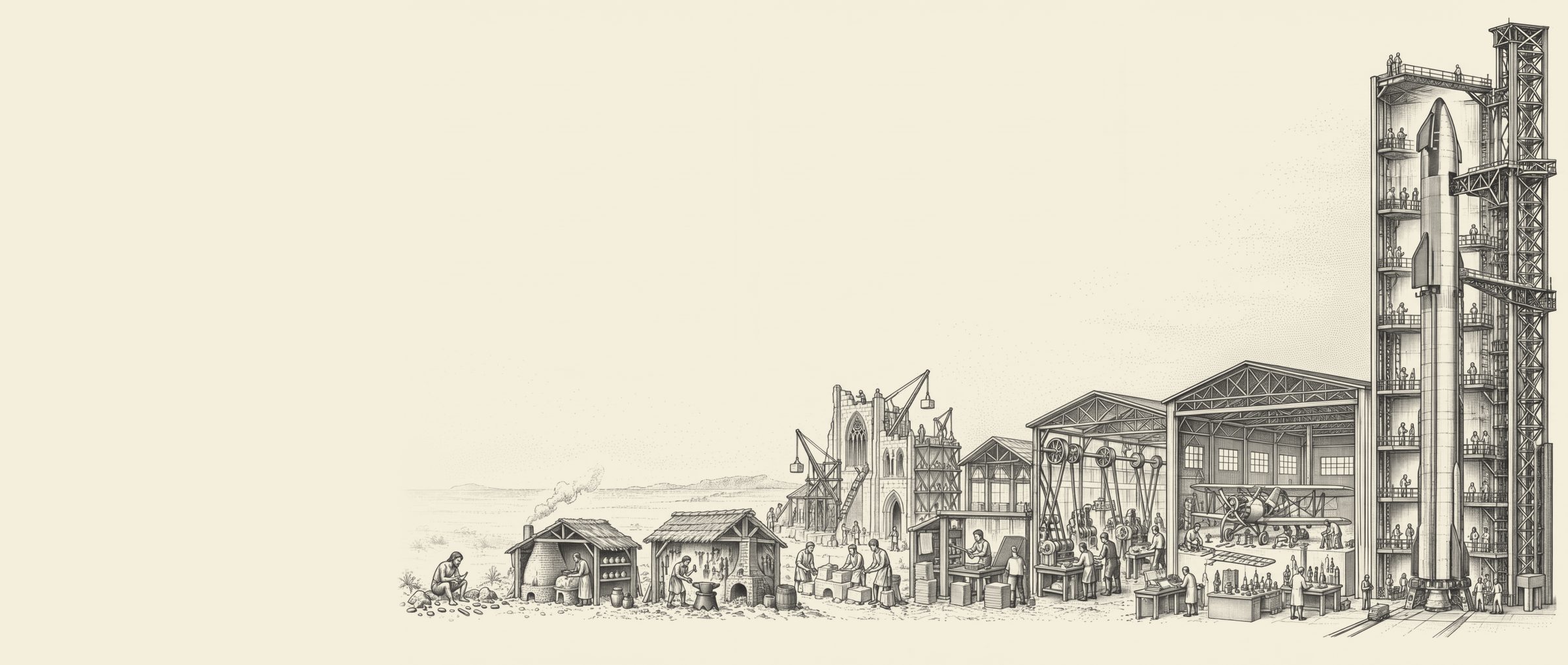 A row of workshops through time, cut open with people at work: a flint knapper, a potter, a smithy, masons at a cathedral, a printing press, a machine shop, an aircraft factory, a laboratory, and Starship in its assembly building
